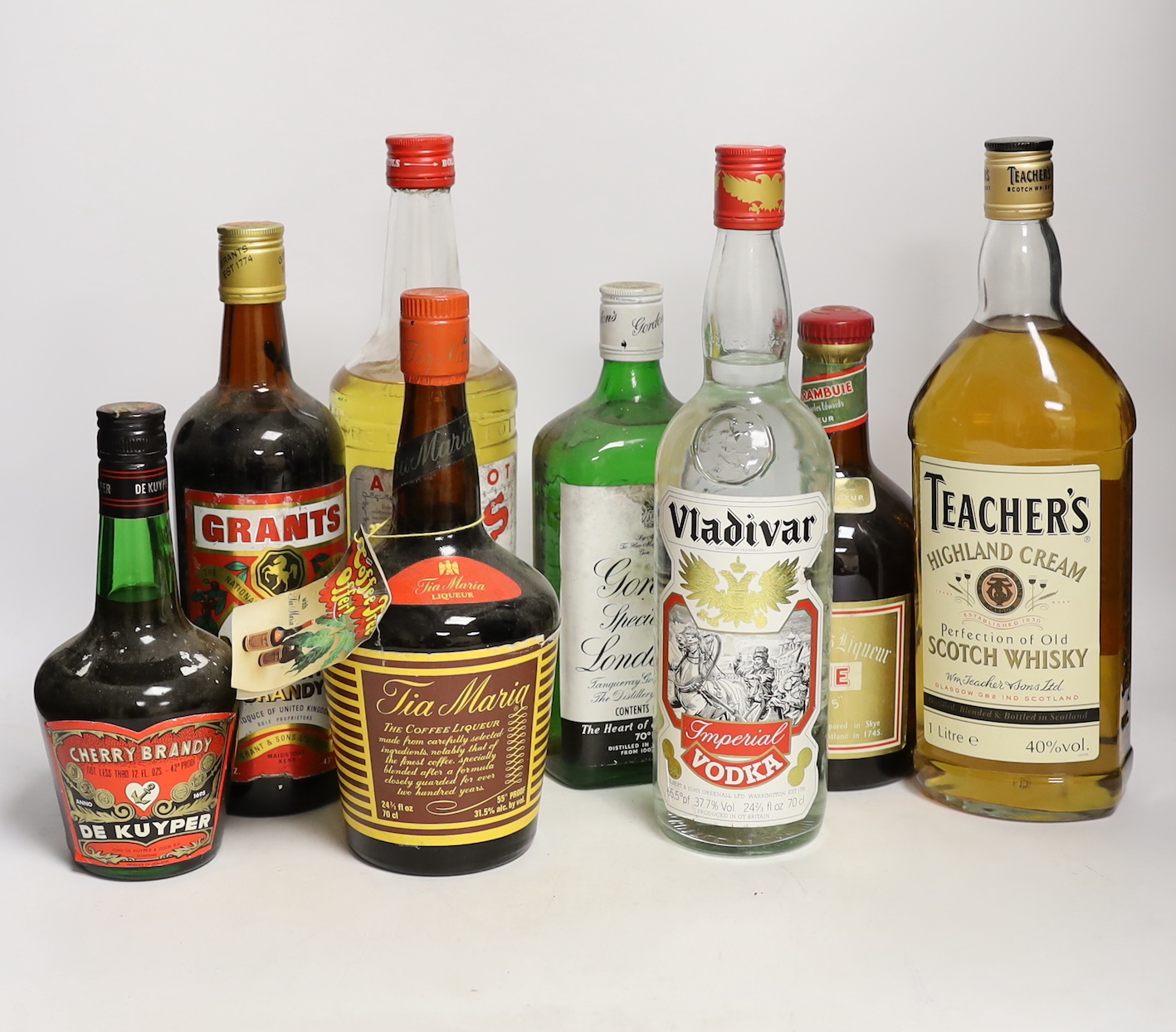 Eight bottles of spirits to include Gin, Scotch, Vodka etc